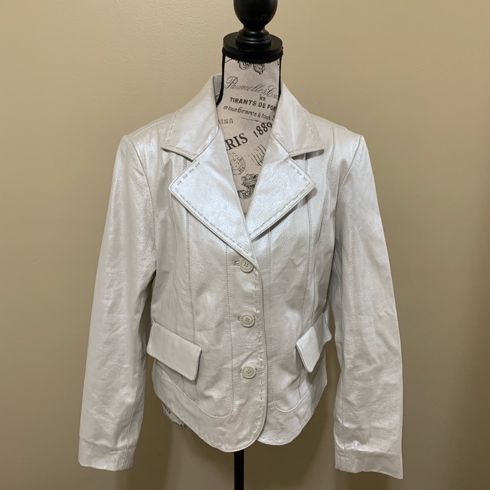 Max USA Silver/White 100% Genuine Leather Jacket Vintage Size Medium NEW